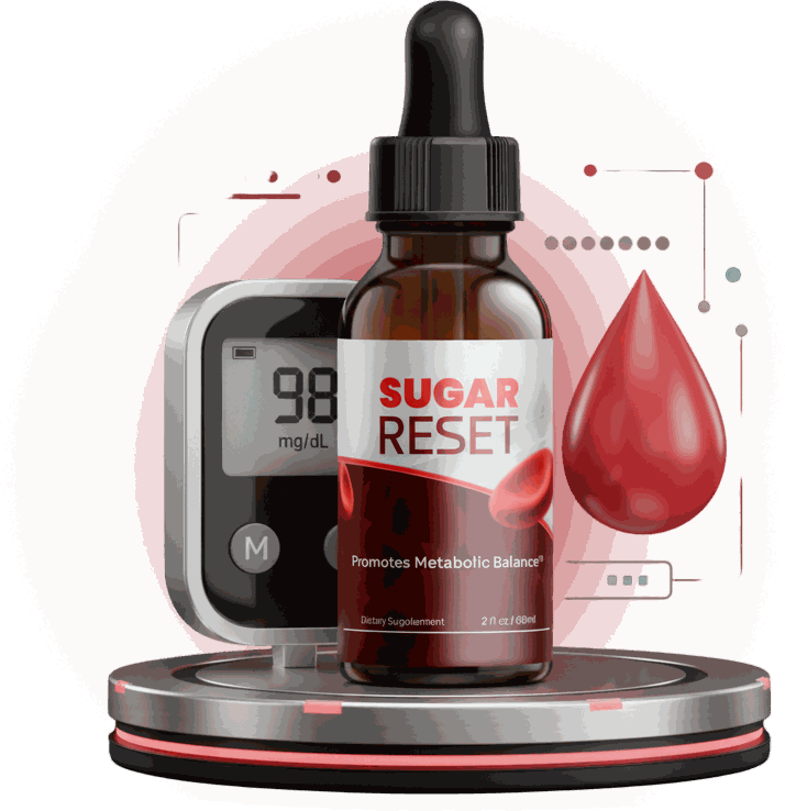 Sugar Reset dropper bottle beside a glucose meter reading 98 mg/dL